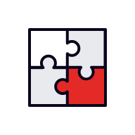 Icon of four interlocking puzzle pieces, representing solutions or teamwork.